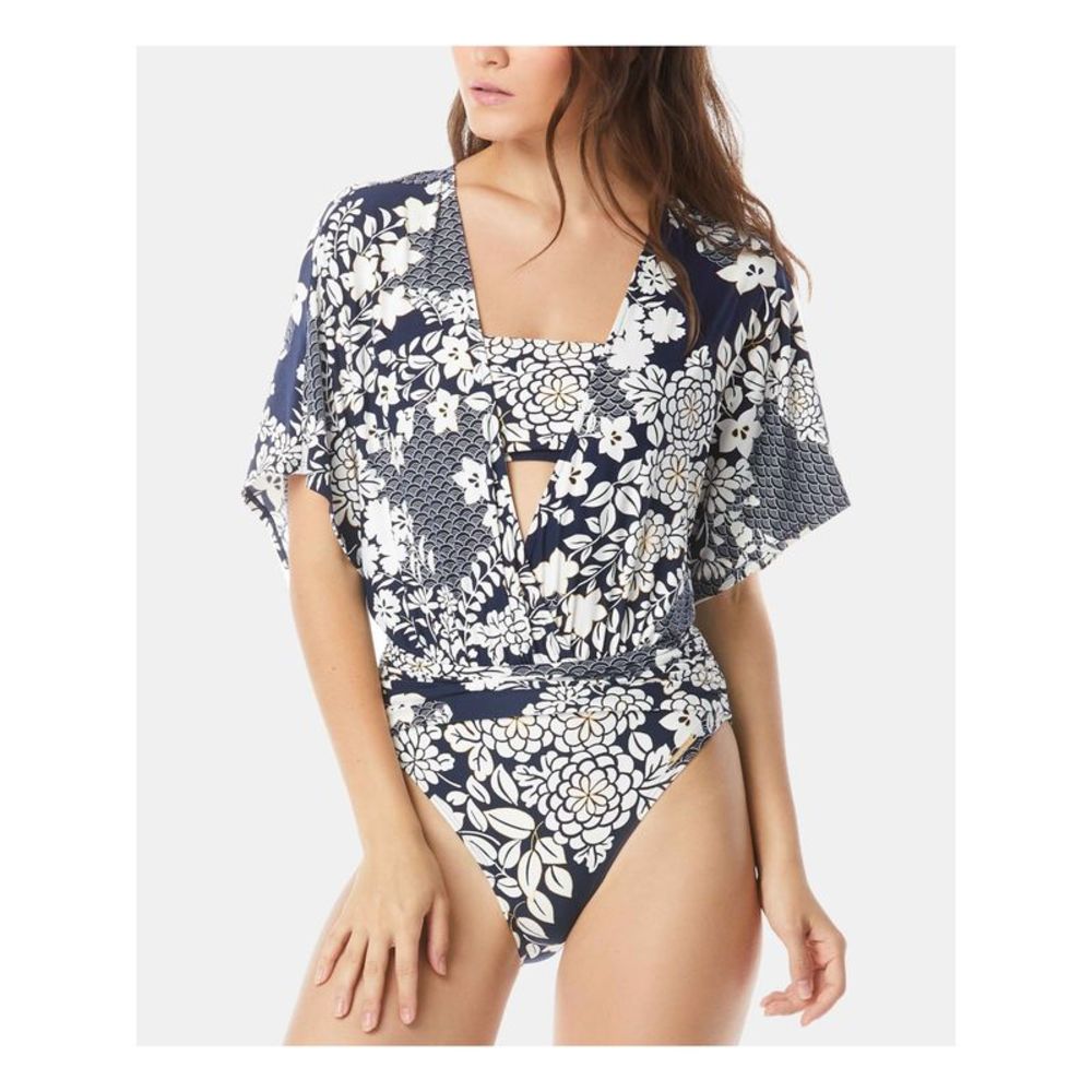 VINCE CAMUTO SWIM Women's Navy Floral Deep V Neck One Piece Swimsuit 6